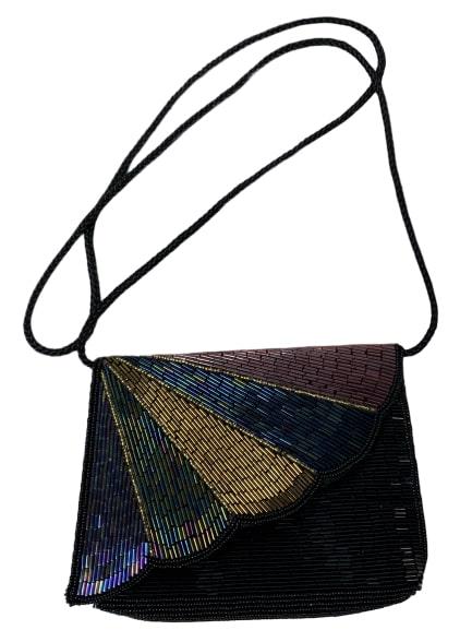 VINTAGE MULTICOLOR & BLACK BEADED SHOULDER BAG: This is in the style of a 30's prohibition era beaded bag. Comes with fabric shoulder strap. Button closure and internal slip in pocket. The multicolor beads make up the flap and the rest is black. Be