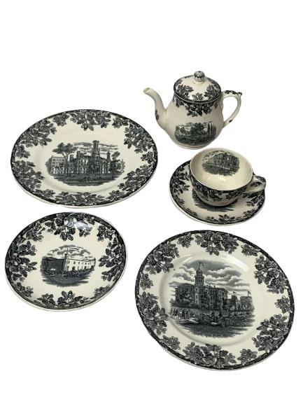 COLLECTION (6) COPELAND SPODE PCS DINNERWARE: COLLECTION OF SIX COPELAND SPODE "Chicago Club" dinnerware pieces. Dated 1931In black and white displaying diffrent pictures of old Chicago such as,"Court House Square" "Park Row" "Kinzit Mansion" "Ch