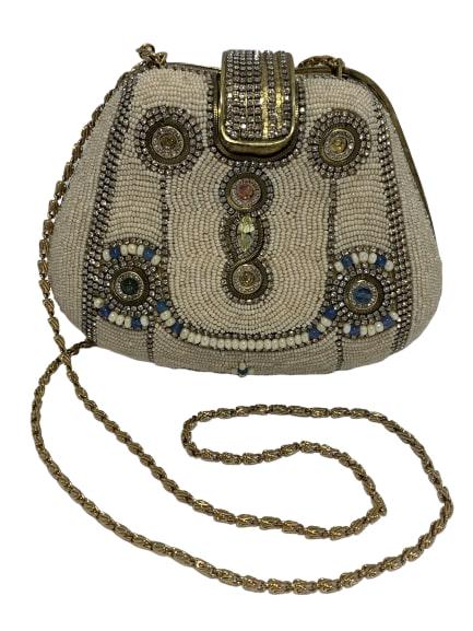 VINTAGE BEADED BOX PURSE EVE BAG BEIGE GOLD COPPER: Fabulous beaded vintage box purse evening bag in beige with bold dark gold beadwork. Gold hardware and extra long gold chain strap that can fold inside. Two rows of beading missing on the closure, all