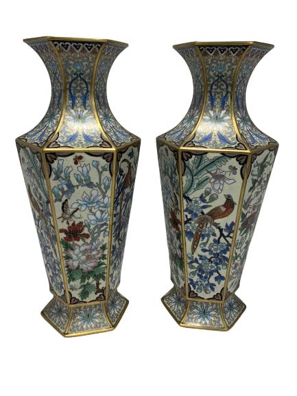 ANTIQUE BIRD CLOISONNE BRASS CHINESE ASIAN VASE PR (1 of 13)