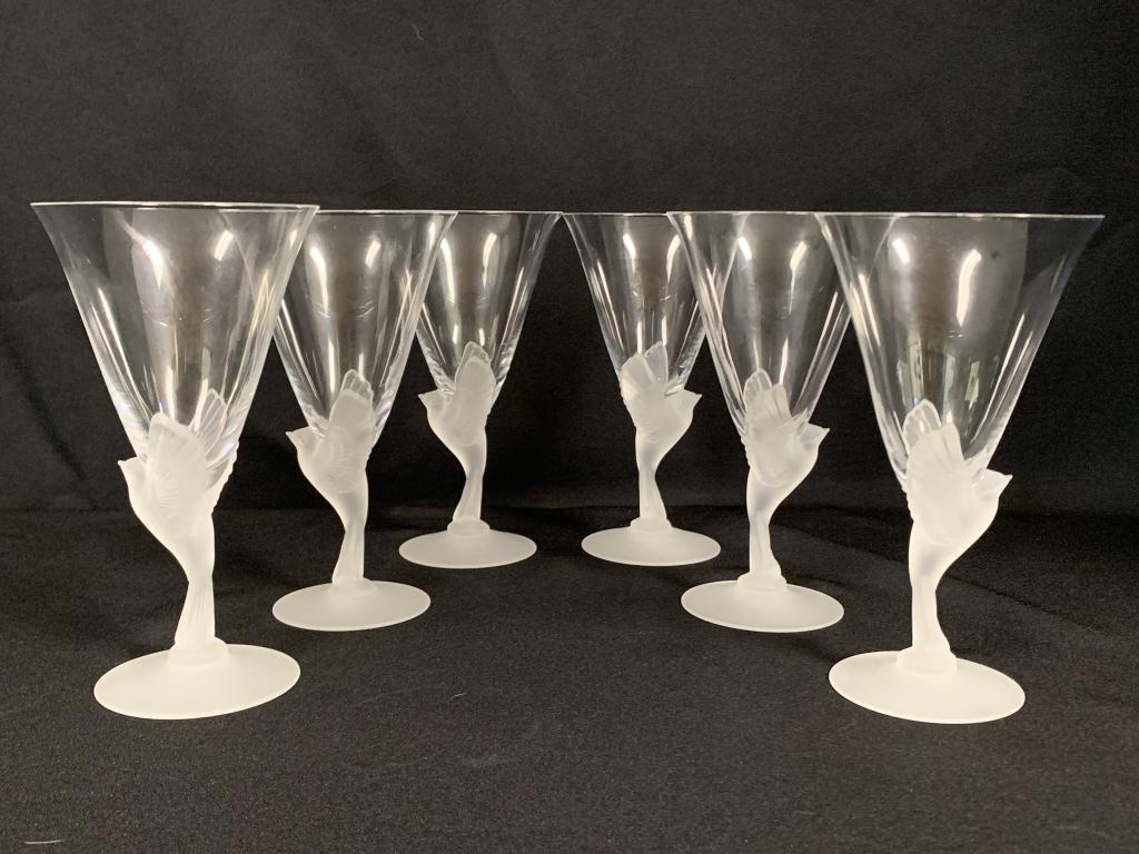 SASAKI "WINGS CLEAR" (6) FROSTED BIRD WINE GLASSES: Wings Clear by SASAKI Item#: 90912 Pattern Code: SASWIN Description: Clear, Frosted Bird Stem Pattern: Wings Clear by Sasaki Status: Discontinued. Circa: 1975 - 2005
