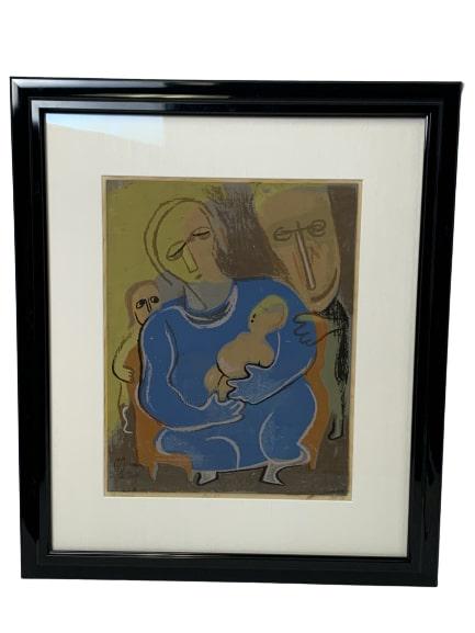 "THE FAMILY" 23" X 26" FRAMED WALL ART: This is an artist's rendition and titled "The Family". The painting consists of a mother holding a child while the father and older child look on. "The Family", "ed.25", & "call 39" are written in pen