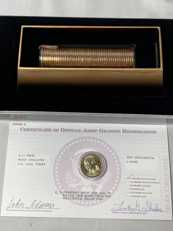2007 JOHN ADAMS DOLLAR UNCIRCULATED BALLISTIC ROLL: 2007 USA Ballistic Dollar Coin Roll – John Adams – Never Circualted Condition: Never Circulated Year: 2007 425 net grams