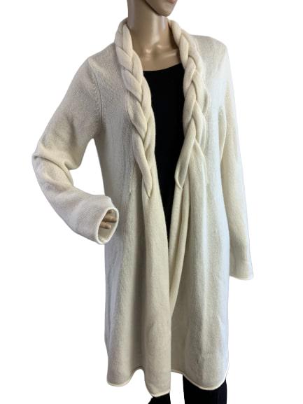 FRONTGATE CREAM CASHMERE DUSTER SWEATER L LARGE: BY FRONTGATE. Soft and elegant styling with braid trim. 100% cashmere, great condition. Measures 42" bust fully closed and 39" length.