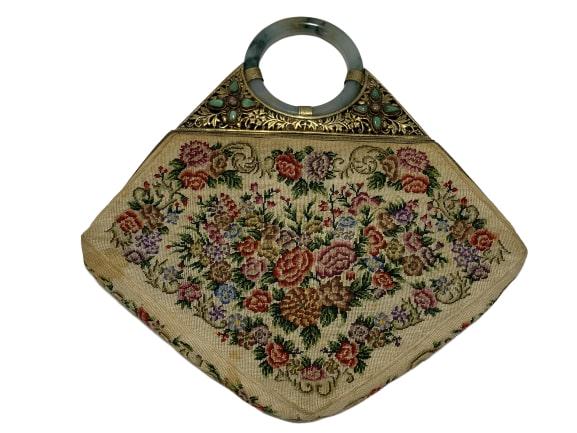 VINTAGE TAPESTRY PURSE W/ ROUND JADE HANDLE WOW (1 of 12)