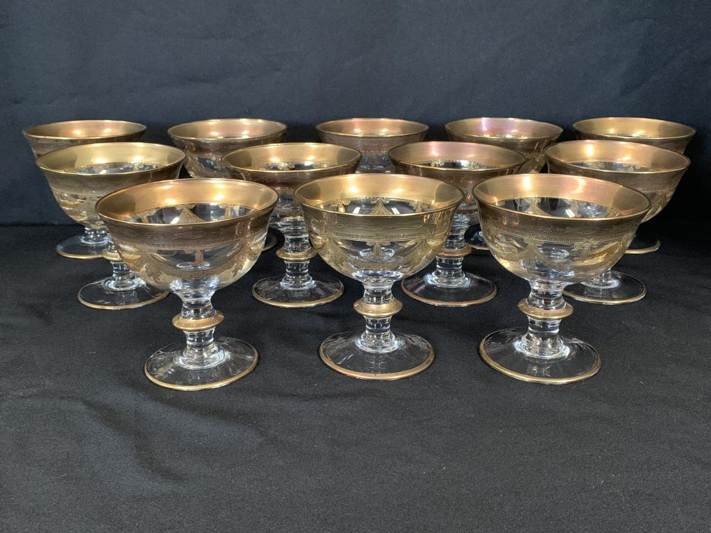 ITALIAN CRYSTAL ETCHED GOLD SHERBET GLASSES X 12 (1 of 13)
