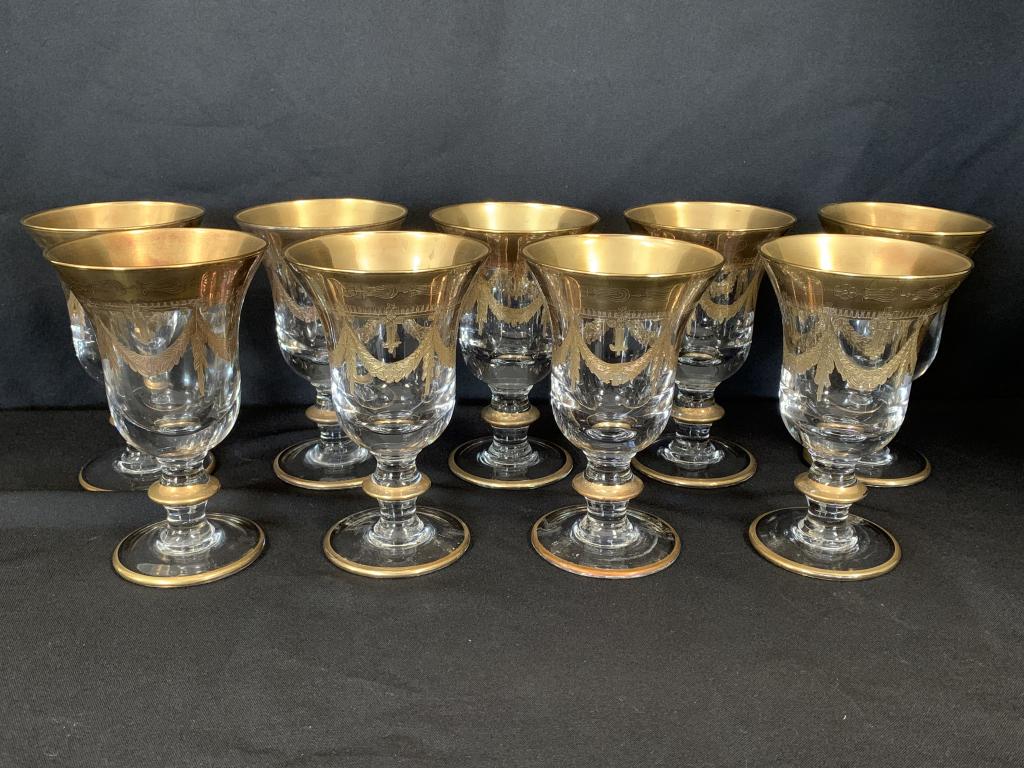 ITALIAN CRYSTAL ETCHED GOLD WATER GOBLETS X 9 (1 of 11)