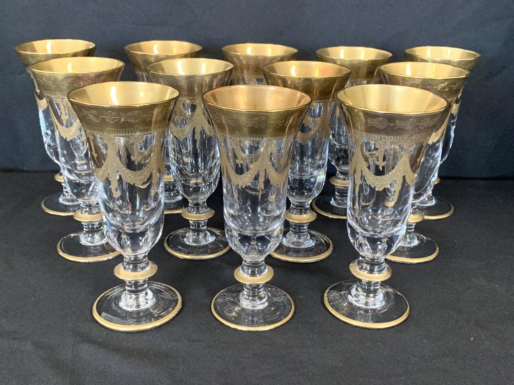 ITALIAN CRYSTAL ETCHED GOLD CHAMPAGNE GLASSES X 12 (1 of 12)