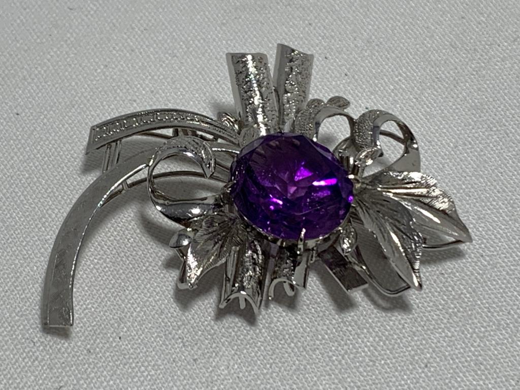 10K W GOLD AMETHYST GEMSTONE STARBURST BROOCH PIN (1 of 6)