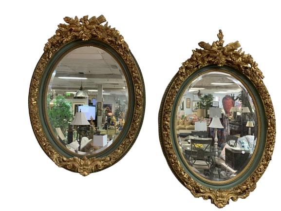 ART NOUVEAU GOLD GILT & GREEN OVAL MIRROR PAIR (1 of 9)