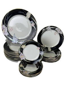 19 PIECE MIKASA "CHARISMA BLACK" SET OF CHINA: Charisma Black by MIKASA Item#: 58376 Pattern Code: MIKCHARIBL Description: Black W/Flowers Gold Trim Pattern Number: AA004, L9050, UP025