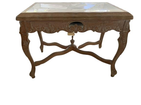 ANTIQUE CARVED WOOD MARBLE TOP SMALL 25" TABLE (1 of 3)