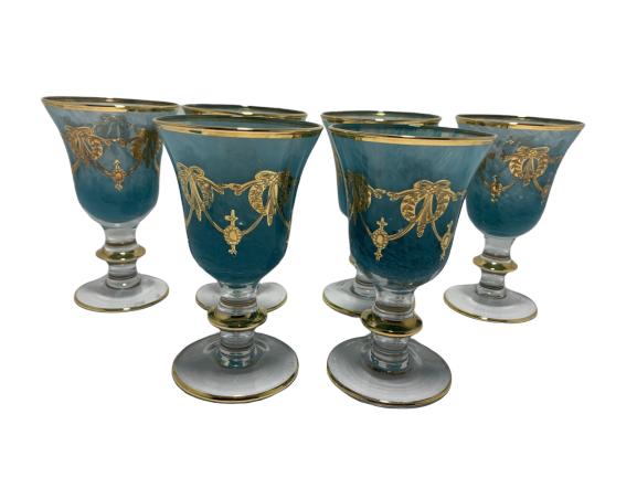 (6) TURQUOISE W/ GOLD SWAG CRYSTAL WINE GLASSES 6": Gorgeous set of 6 turquoise crystal wine glasses with gold gilt. 6" Very good condition.