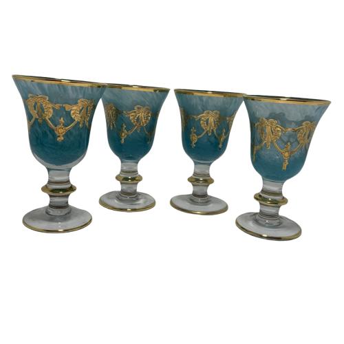 (4) TURQUOISE W/GOLD SWAG CRYSTAL WINE GLASSES 6": Gorgeous set of 4 turquoise crystal wine glasses with gold gilt. 6" Very good condition.