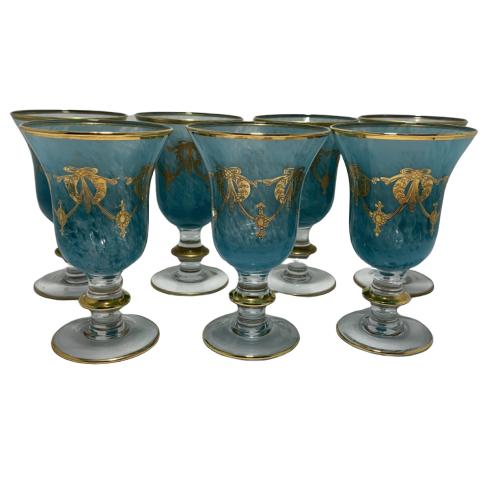 (7) TURQUOISE W/GOLD SWAG CRYSTAL WINE GLASSES: Gorgeous set of 7 turquoise crystal wine glasses with gold gilt. 6 1/2" Very good condition.