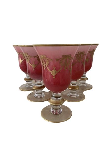 RUBY RED W/ GOLD ITALIAN CRYSTAL WINE GLASSES X 6: RUBY RED W/ GOLD ITALIAN CRYSTAL WINE GLASSES X 6 - TOTAL of 6 glasses stemware - 6" tall in size - Good condition on all with gentle signs of use