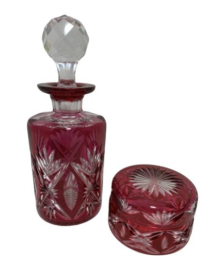 VAL ST LAMBERT RUBY CUT TO CLEAR  VANITY SET (1 of 4)