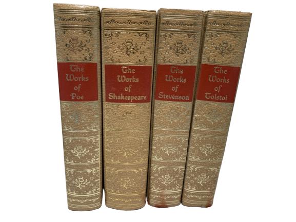 SET OF 4 GOLD BOUND BOOKS WALTER J. BLACK CO 1927: Set of 4 very elegant gold and wine covered classic books THE WORKS OF POE THE WORKS OF SHAKESPERE THE WORKS OF STEVENSON THE WORKS OF TOLSTOI Very good condition