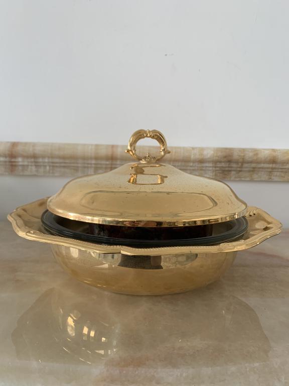 FANCY GOLD GOLDPLATE GLASS INSERT SERVING DISH&LID (1 of 5)