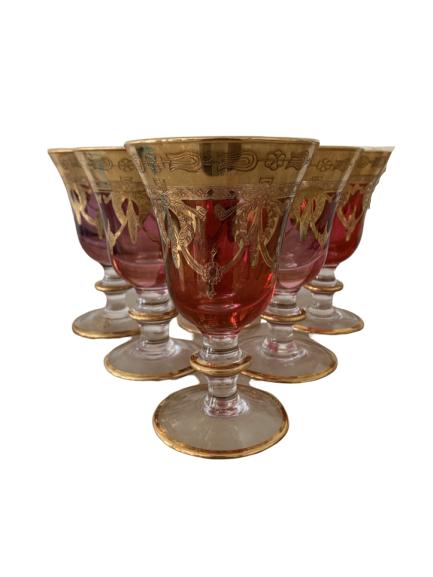 DEEP RED W/ ETCHED GOLD ITALIAN WINE GLASSES X6: DEEP RED W/ ETCHED GOLD ITALIAN WINE GLASSES X6 - 6" TALL each glass - Great preowned condition!