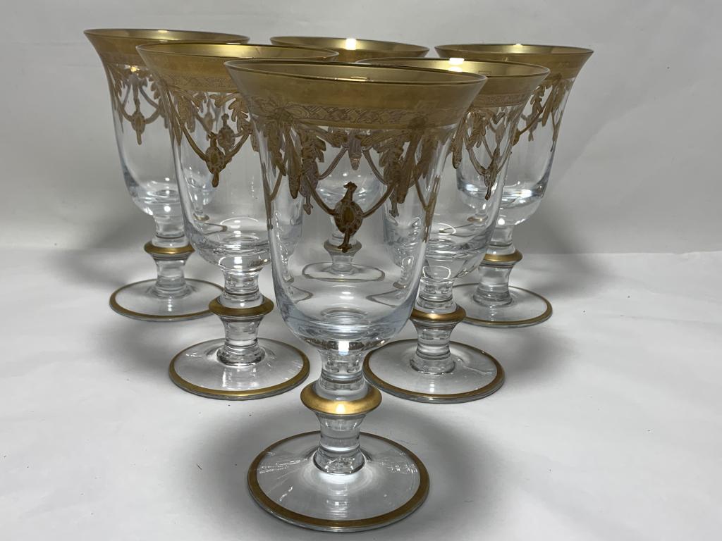 6 CRYSTAL GOLD SWAG WINE GLASSES: 6 CRYSTAL GOLD SWAG WINE GLASSES 6" VERY GOOD CONDITION
