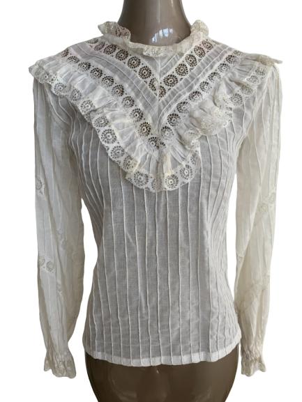 VTG VICTORIANA WHITE TISSUE COTTON LACE BLOUSE M (1 of 3)