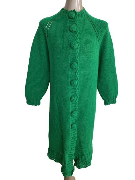 VINTAGE 60'S BOLD GREEN HANDKNIT CARDIGAN DUSTER L (1 of 4)