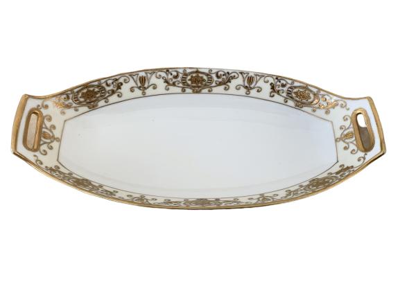 NORITAKE 16034 GOLD PAINTED CHINA HANDLED PLATTER: NORITAKE 16034 GOLD PAINTED CHINA HANDLED PLATTER -13" x 6" x 2" -Part of "Christmas Ball" Collection -Handpainted -Made in Japan -Good Condition