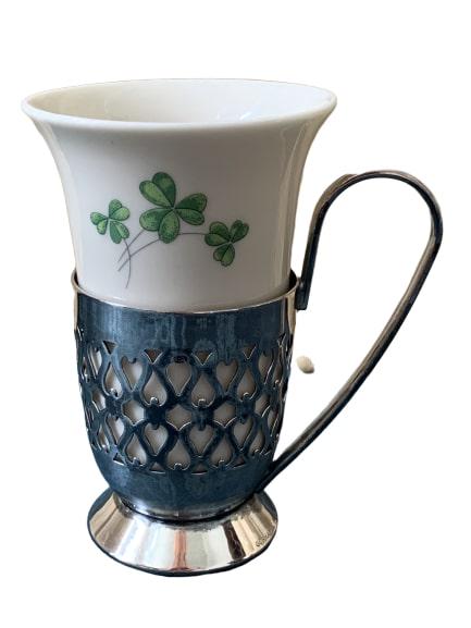 SILVERPLATE LUCKY CLOVER PORCELAIN CUP HOLDER: SILVERPLATE LUCKY CLOVER PORCELAIN CUP HOLDER - 5" TALL - EXCELLENT CONDITION