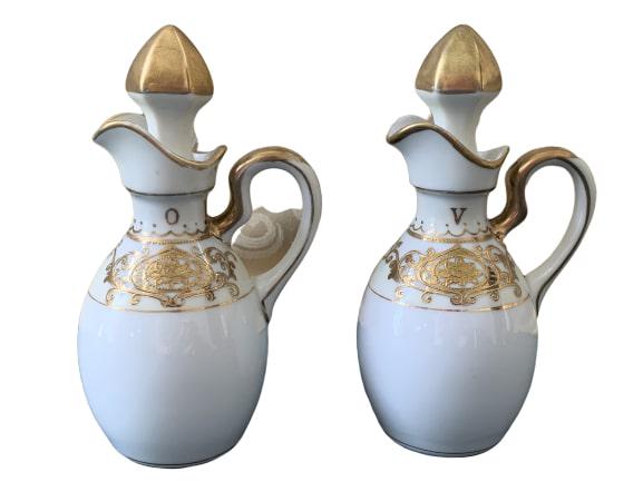 NORITAKE 16034 GOLD HANDPAINTED OIL & VINEGAR SET: NORITAKE 16034 GOLD HANDPAINTED OIL & VINEGAR SET - 6" TALL for each - Good condition with some use showing