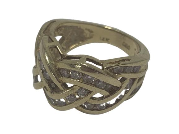 14K YLW GOLD DIAMOND BRAIDED WIDE BAND RING SZ 6: 14K YLW GOLD DIAMOND BRAIDED WIDE BAND RING SZ 6 - 14K yellow ring with diamond braided band - DIAMONDS in braided front design, solid on back - Size 6 US ring size - 7.1 grams total weight