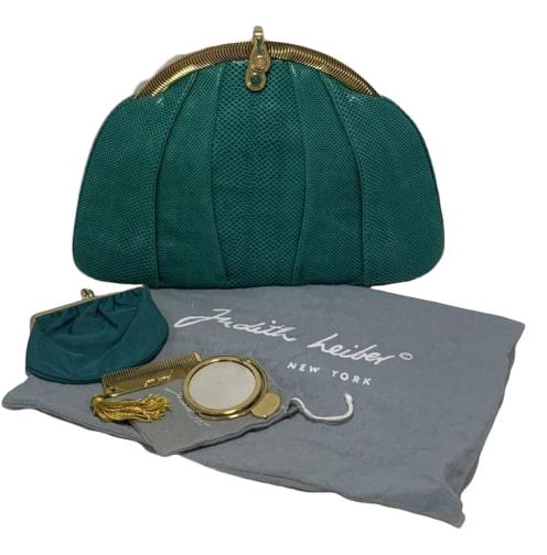 JUDITH LEIBER TEAL LEATHER GOLD FRAME EVENING BAG (1 of 10)