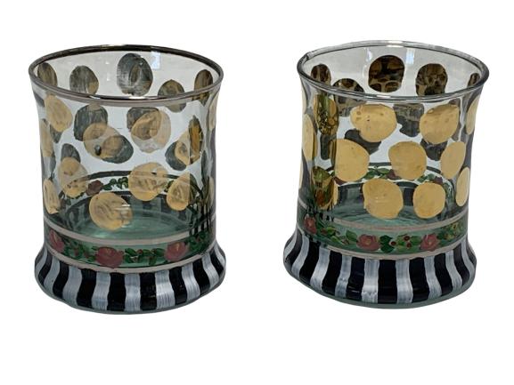MCKENZIE CHILDS HANDPAINTED HIGH BALL GLASSES X 2: MCKENZIE CHILDS HANDPAINTED HIGH BALL GLASSES X 2 - SET OF 2 total - Good condition with some minimal rubbing to the gold dots - 3" diameter and 3.5" tall