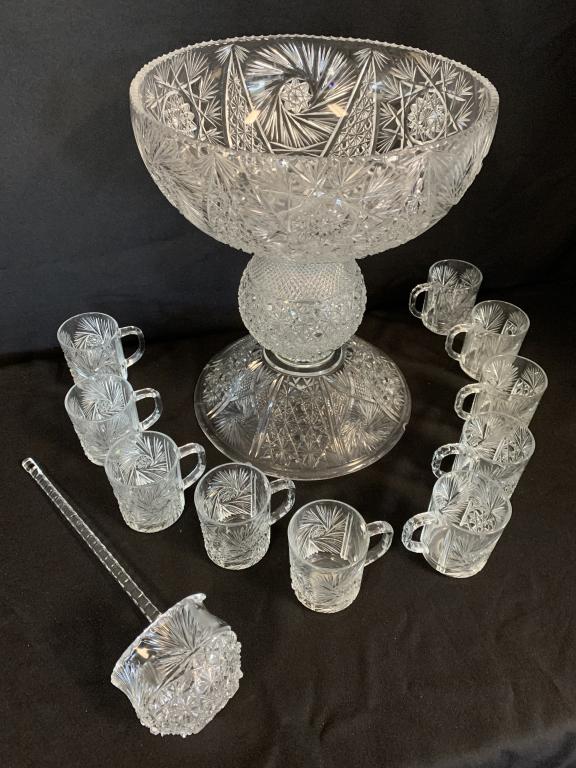 BRILLIANT CUT CRYSTAL PUNCH BOWL & 10 CUPS & LADLE (1 of 13)