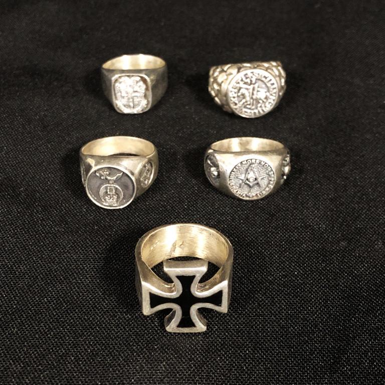 GOTHIC LATIN MASONIC MENS SILVER RING 5 PC LOT (1 of 6)