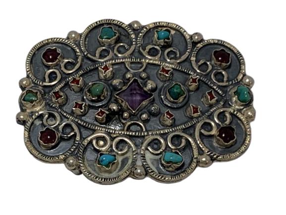 VTG TAXCO STERLING BELT BUCKLE AMETHYST TURQUOISE: VTG TAXCO STERLING BELT BUCKLE AMETHYST TURQUOISE - 2.25" X 3" IN SIZE - 72.7 grams total weight - BEAUTIFUL with turquoise and amethyst stones inset handmade frames - Excellent condition with no ston
