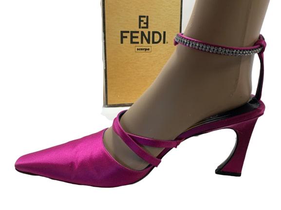 FENDI PINK SATIN RHINESTONE ANKLET EVE HEELS 8.5: FENDI PINK SATIN RHINESTONE ANKLET EVE HEELS 8.5 - LADIES size 8.5 US sizing - Excellent preowned condition - Includes original FENDI box as shown