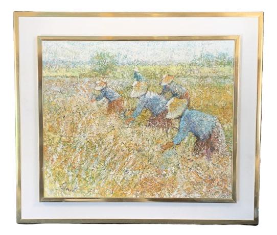 PANIT SIGNED TEXTURED OIL CHINESE FARM PICKERS ART (1 of 7)