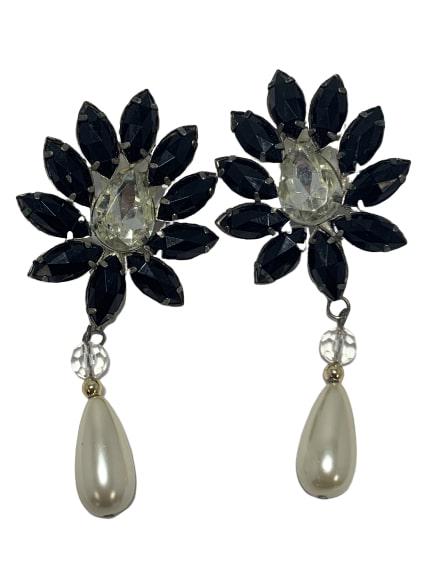 PRINCESS GRACE BLACK RHINSTONE PEARL DROP EARRINGS: These pierced earrings are made up of 10 black jet "petals" with a clear center stone and a hanging teardrop faux pearl. Featured as part of the Princess Grace Collection. Measurements: 1.75" across, 