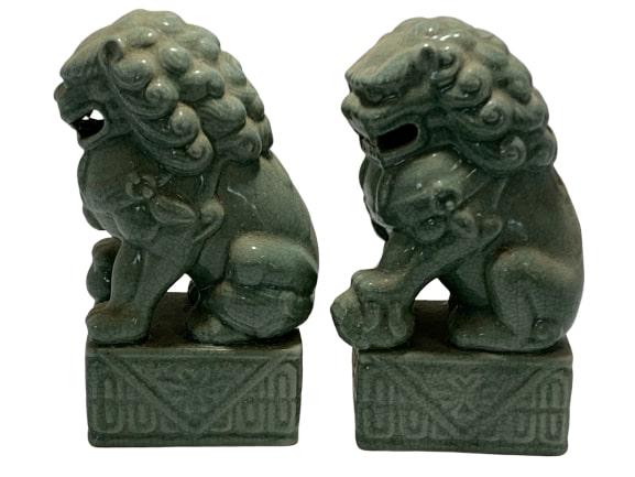 PAIR VINTAGE JADE GREEN CERAMIC GLAZED FOO DOGS (1 of 9)
