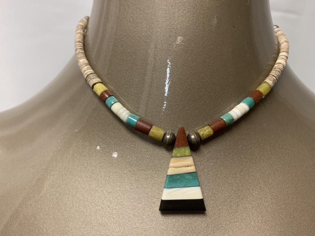 ZUNI NATIVE TURQUOISE ONYX STONE PENDANT NECKLACE (1 of 9)