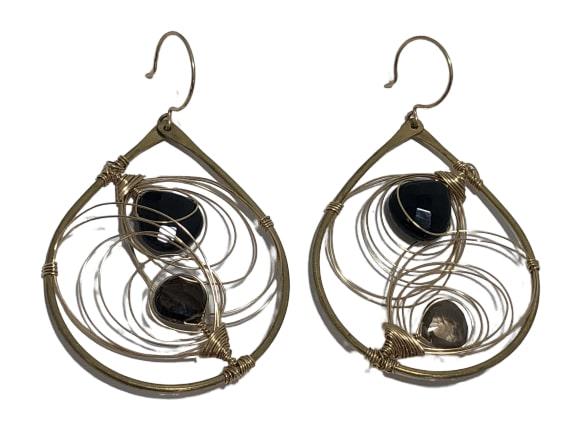 ARTISAN GOLD WIRE WRAPPED ONYX TOPAZ DROP EARRINGS (1 of 8)