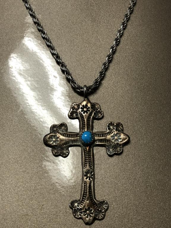 NAVAJO SIGNED STERLING CROSS TURQUOISE ON SS CHAIN (1 of 9)