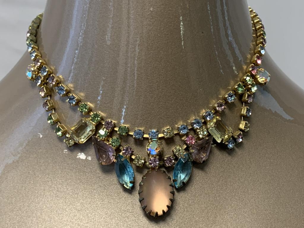 VINTAGE 50'S W GERMANY COLORFUL RHINESTONE CHOKER: VINTAGE 50'S W GERMANY COLORFUL RHINESTONE CHOKER - Note clasp is signed WEST GERMANY but appears to have been attached after coming apart, same metal as back of choker - BEAUTIFUL colored stones - Gr