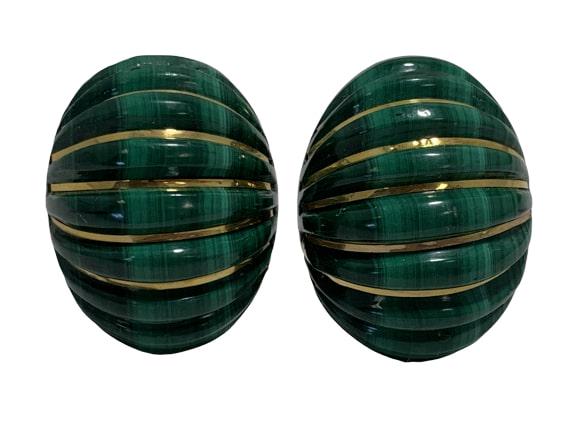 14K YLW GOLD ACCENTED MALACHITE STONE EARRINGS WOW: 14K YLW GOLD ACCENTED MALACHITE STONE EARRINGS WOW - Beautiful earrings - large malachite cabachons accented with 14k yellow gold - 1" length each - 22.1 grams total weight