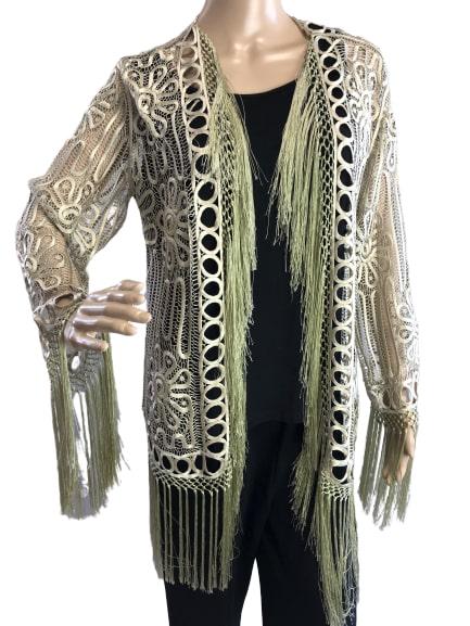 FANCY GOLD SOUTACHE FRINGE MESH FLORAL DUSTER M L: FANCY GOLD SOUTACHE FRINGE MESH FLORAL DUSTER M L - Will fit a medium to large in size - 38" bust fully closed, 26" long to end of soutache, 34" to end of fringe - Excellent condition, no snags holes 