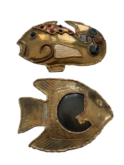 PAIR OF VINTAGE BRASS FISH BELT BUCKLES: Vintage pair of brass and jeweled fish belt buckles