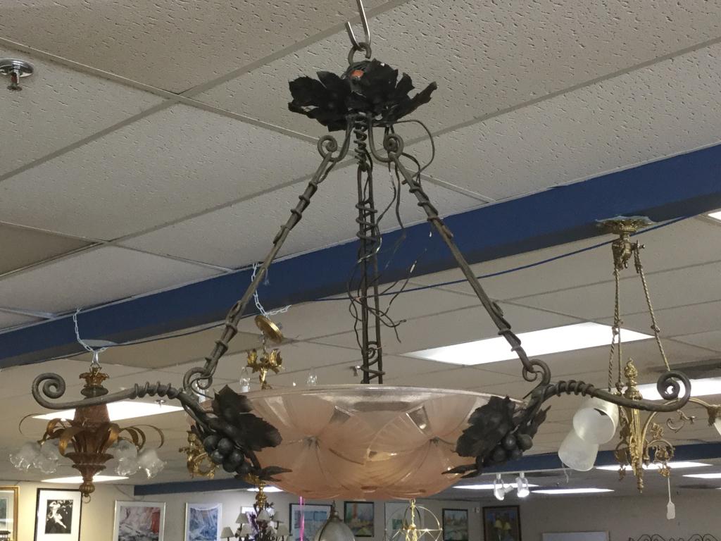 VINTAGE DK METAL SCROLL PINK ART GLASS CHANDELIER (1 of 5)