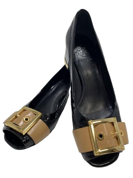 TORY BURCH BLACK PATTERN LEATHER PUMPS SZ 5 1/2 (1 of 4)