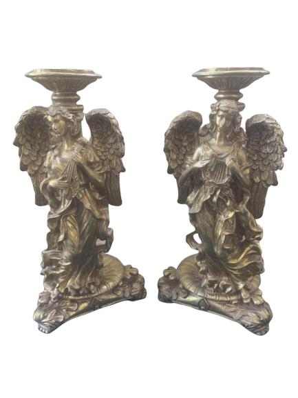 SET OF 2 GOLD GILT ANGELS W/ HARPS CANDLEHOLDERS: SET OF 2 GOLD GILT ANGELS W/ HARPS CANDLEHOLDERS - NEVER used condition - 15" tall x 8" width